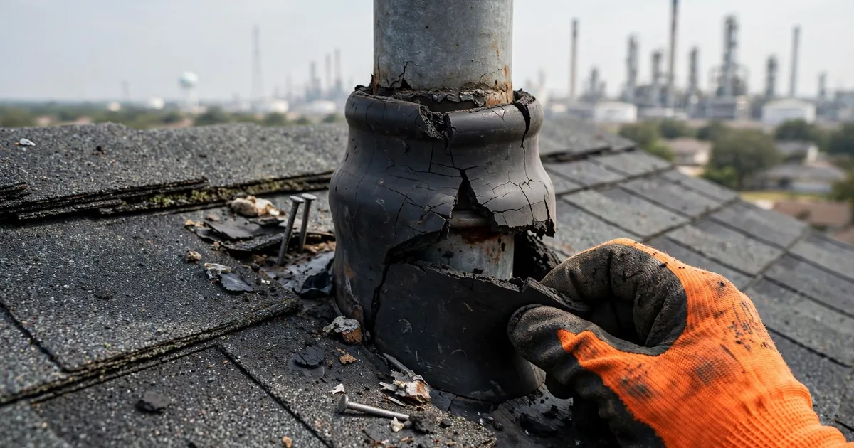 Roof leak repair in Village Grove, Pasadena: close-up of a cracked rubber pipe boot on asphalt shingles, roofer's gloved hand lifting the collar