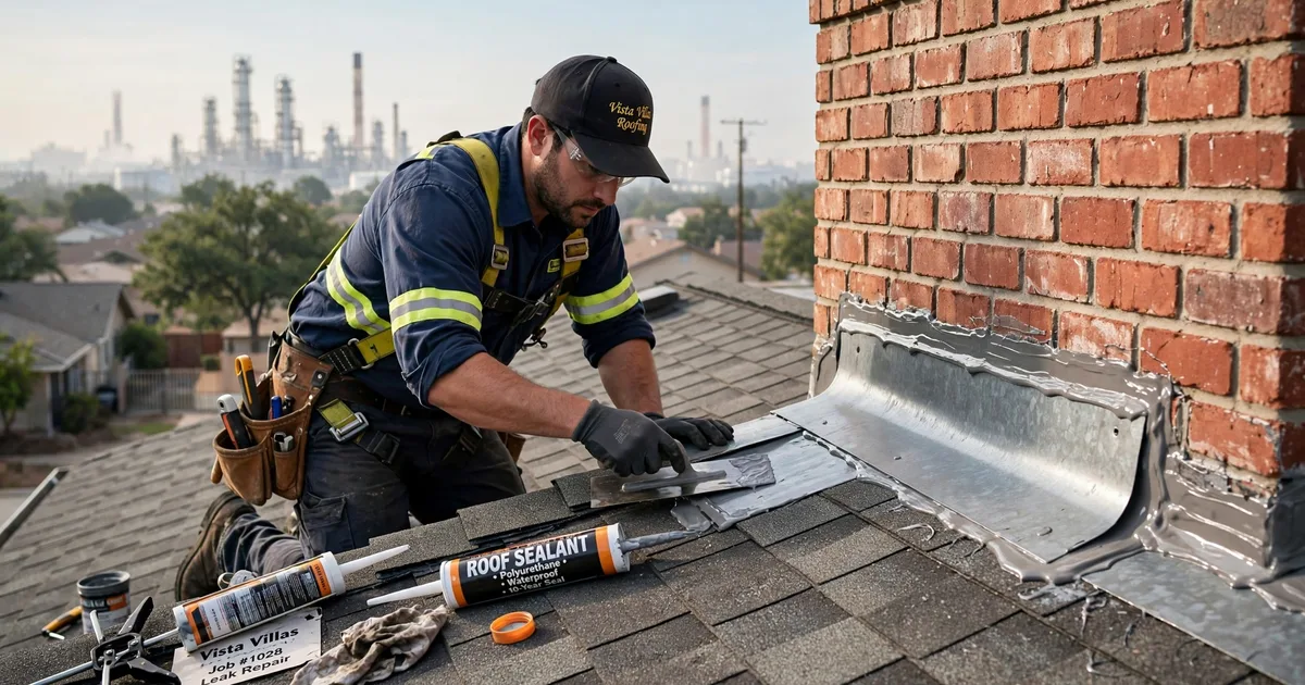 Roof leak repair in Vista Villas, Pasadena: roofer resealing step flashing where the roof meets a brick wall, trowel and sealant
