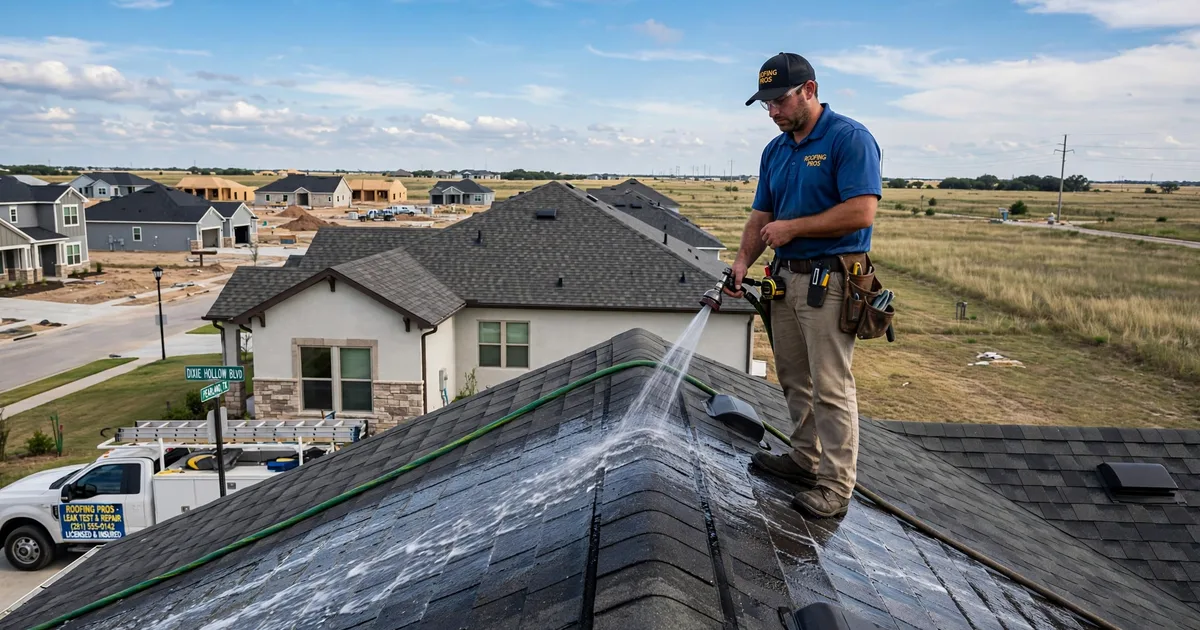 Roof leak repair in Dixie Hollow, Pearland: controlled hose test on a roof slope, water stream on shingles with a technician watching