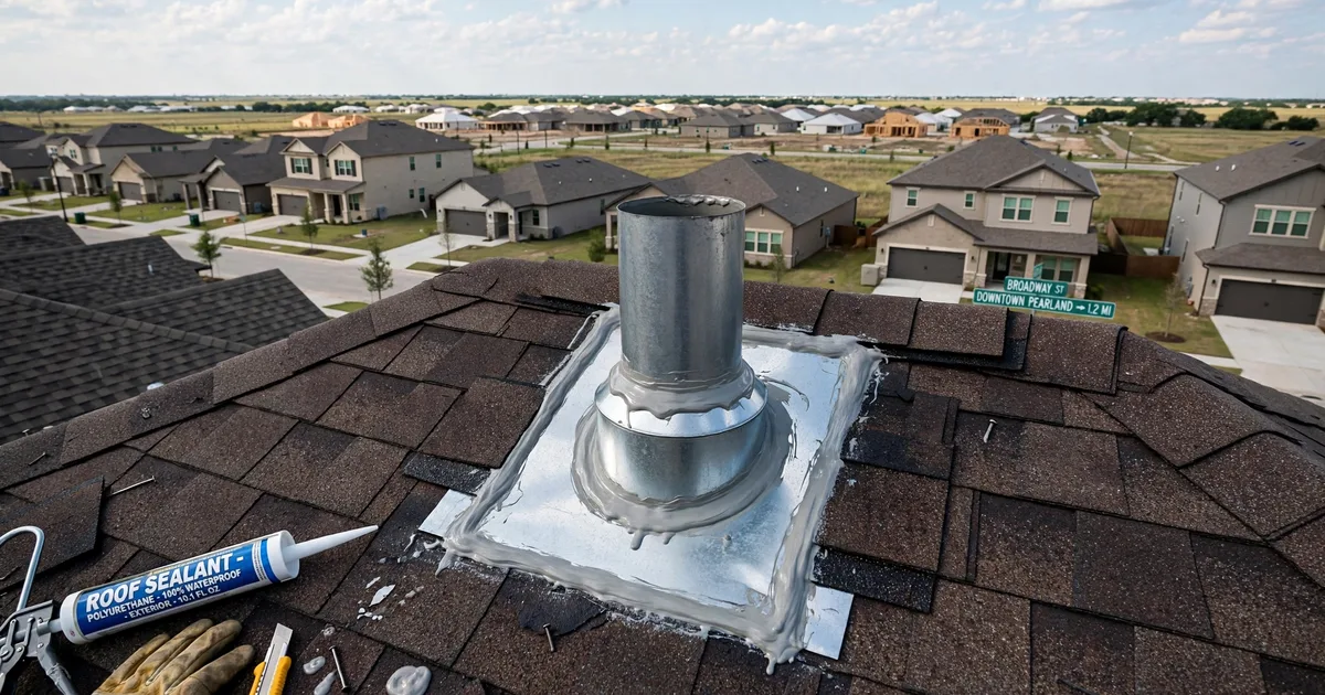 Roof leak repair in Downtown Pearland, Pearland: new metal flashing installed around a roof vent, fresh sealant, shingles woven around it