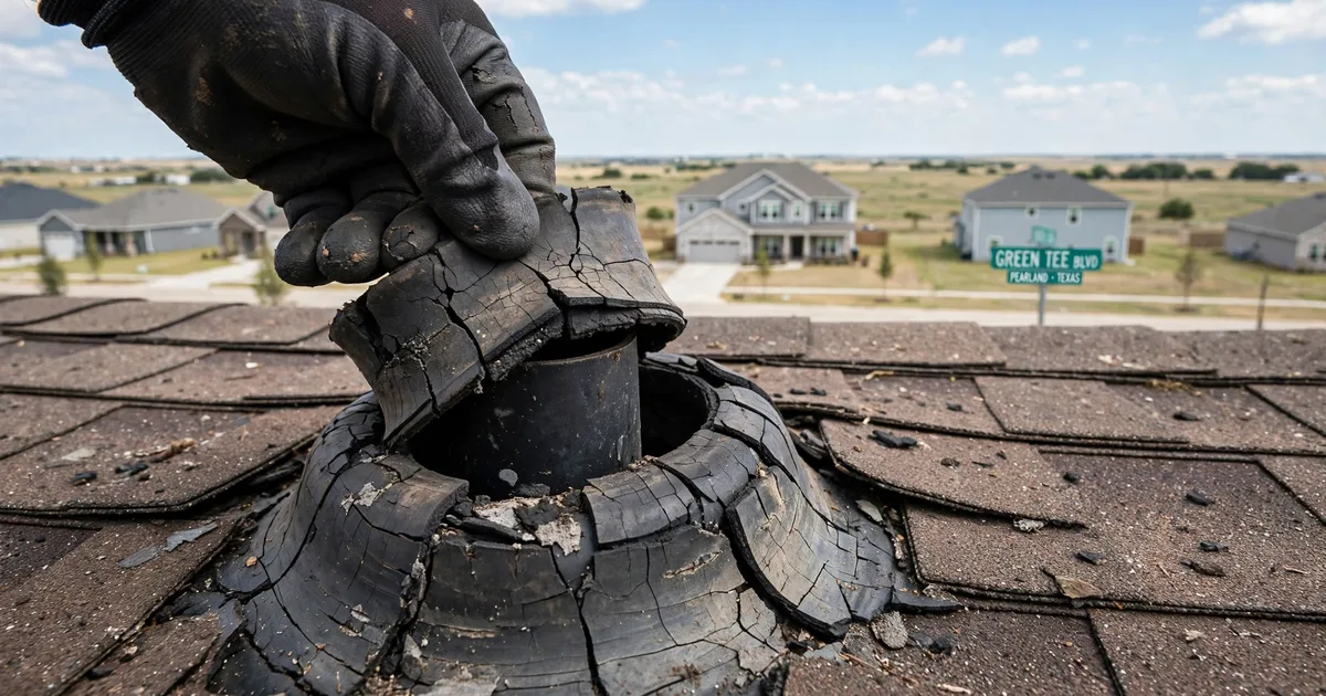 Roof leak repair in Green Tee, Pearland: close-up of a cracked rubber pipe boot on asphalt shingles, roofer's gloved hand lifting the collar