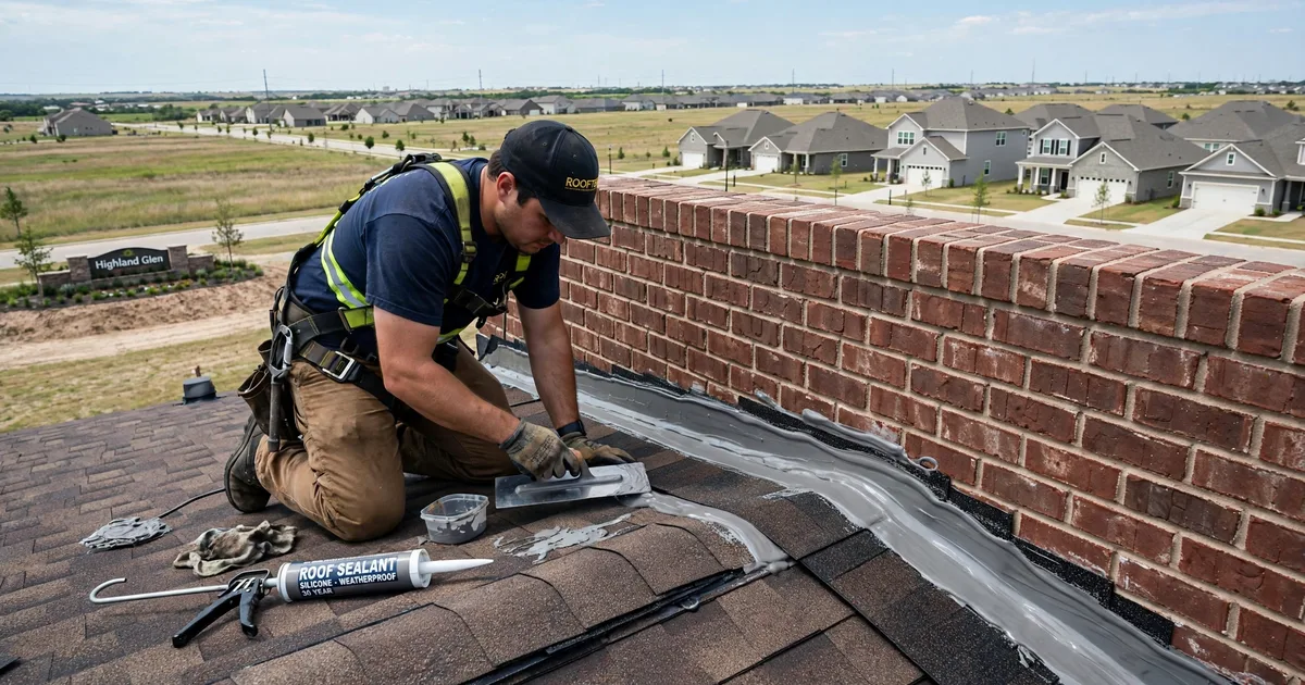 Roof leak repair in Highland Glen, Pearland: roofer resealing step flashing where the roof meets a brick wall, trowel and sealant
