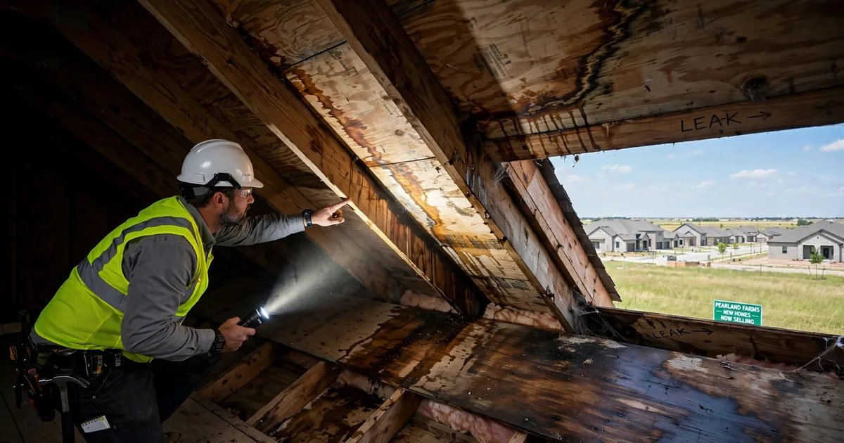 Roof leak repair in Pearland Farms, Pearland: water-stained attic roof decking lit by a flashlight beam, inspector tracing the leak path