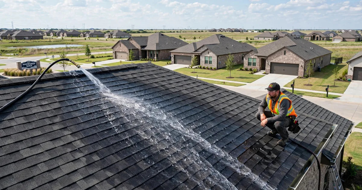 Roof leak repair in Shadow Creek Ranch, Pearland: controlled hose test on a roof slope, water stream on shingles with a technician watching