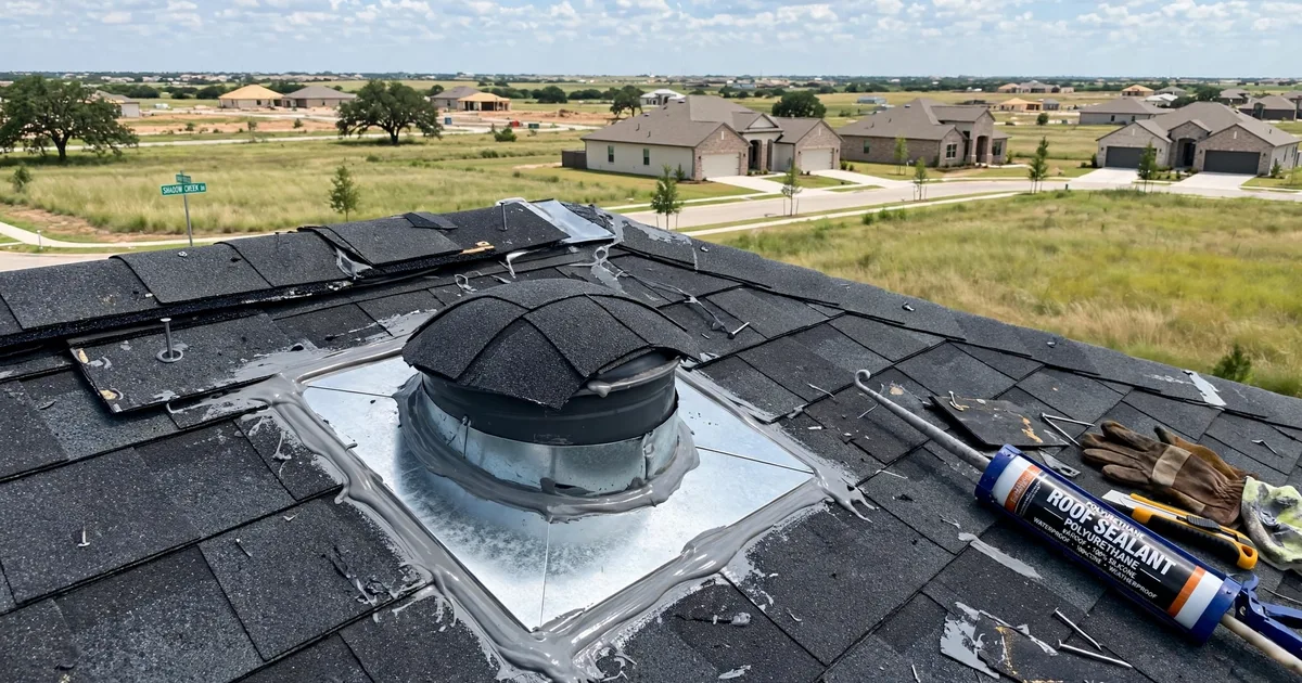 Roof leak repair in Shadow Creek, Pearland: new metal flashing installed around a roof vent, fresh sealant, shingles woven around it