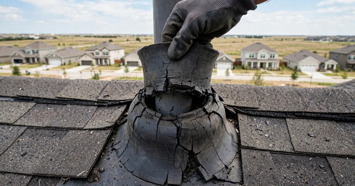 Roof leak repair in Silvercreek, Pearland: close-up of a cracked rubber pipe boot on asphalt shingles, roofer's gloved hand lifting the collar