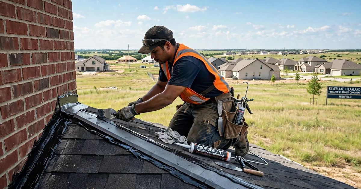 Roof leak repair in Silverlake, Pearland: roofer resealing step flashing where the roof meets a brick wall, trowel and sealant