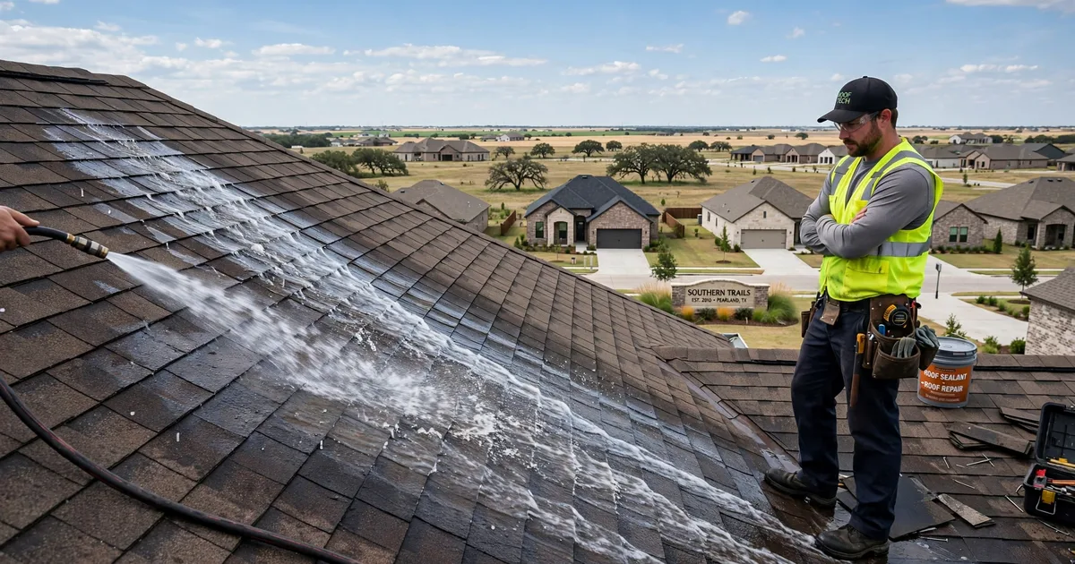 Roof leak repair in Southern Trails, Pearland: controlled hose test on a roof slope, water stream on shingles with a technician watching