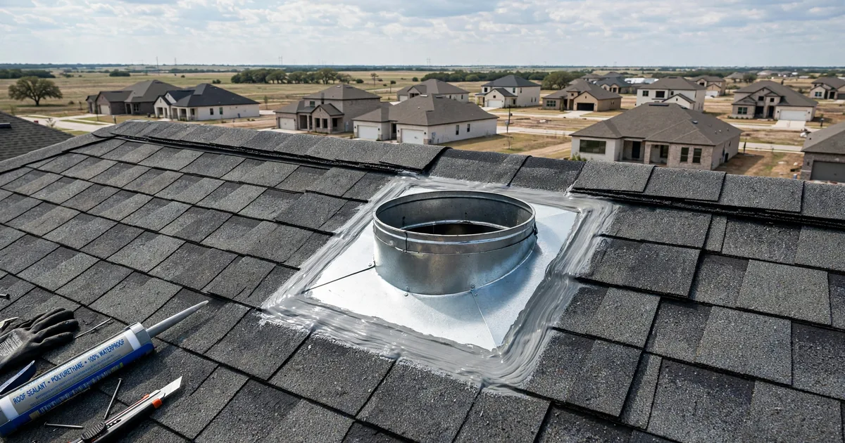 Roof leak repair in Southlake, Pearland: new metal flashing installed around a roof vent, fresh sealant, shingles woven around it