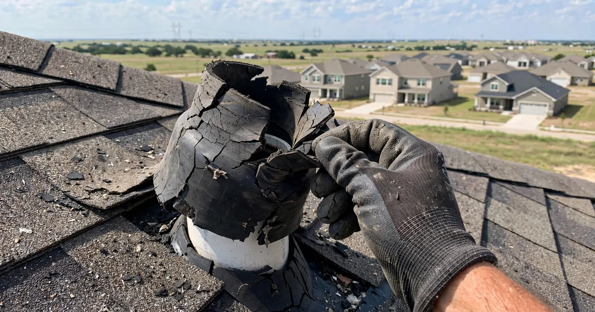 Roof leak repair in Southwyck, Pearland: close-up of a cracked rubber pipe boot on asphalt shingles, roofer's gloved hand lifting the collar