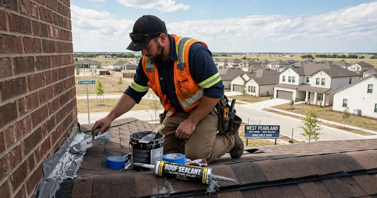 Roof leak repair in West Pearland, Pearland: roofer resealing step flashing where the roof meets a brick wall, trowel and sealant