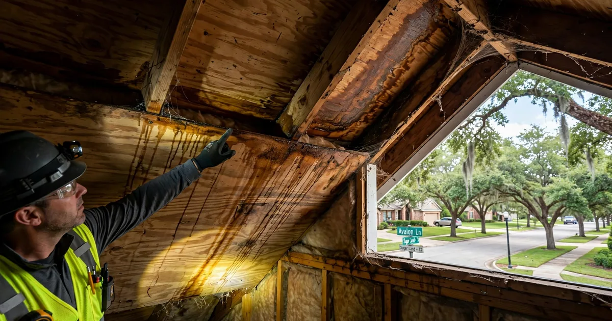 Roof leak repair in Avalon, Sugar Land: water-stained attic roof decking lit by a flashlight beam, inspector tracing the leak path