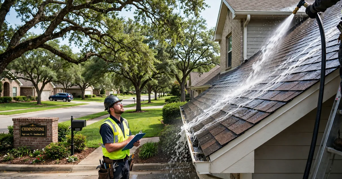Roof leak repair in Chimneystone, Sugar Land: controlled hose test on a roof slope, water stream on shingles with a technician watching