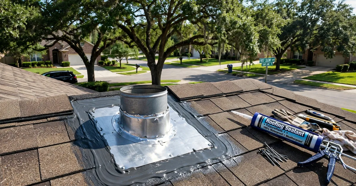 Roof leak repair in First Colony, Sugar Land: new metal flashing installed around a roof vent, fresh sealant, shingles woven around it