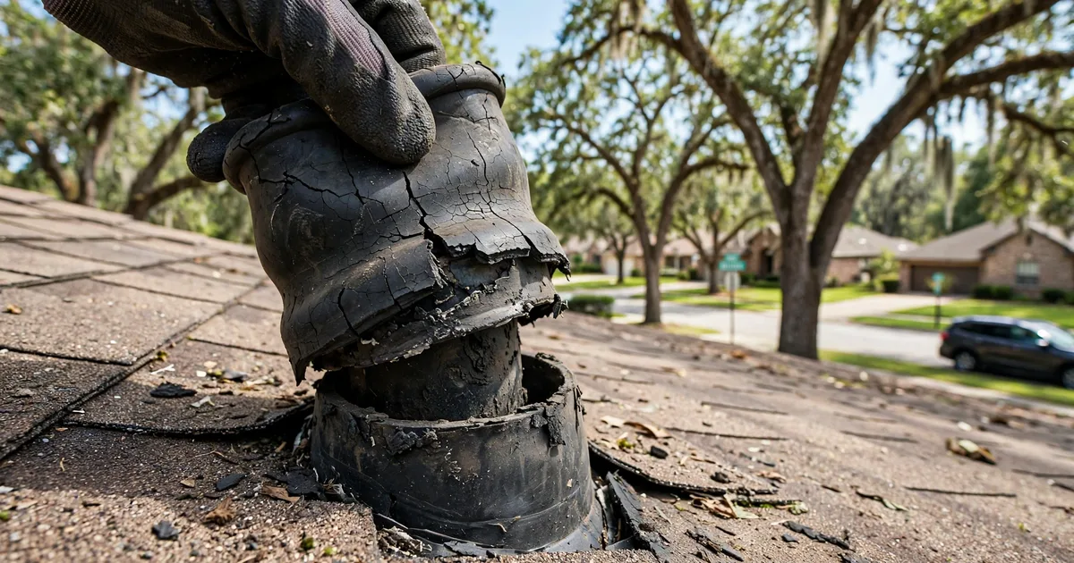 Roof leak repair in Greatwood, Sugar Land: close-up of a cracked rubber pipe boot on asphalt shingles, roofer's gloved hand lifting the collar