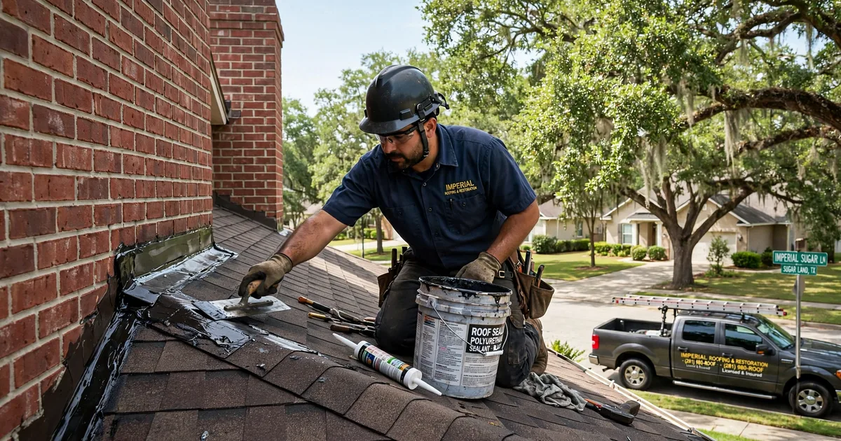 Roof leak repair in Imperial Sugar Land, Sugar Land: roofer resealing step flashing where the roof meets a brick wall, trowel and sealant