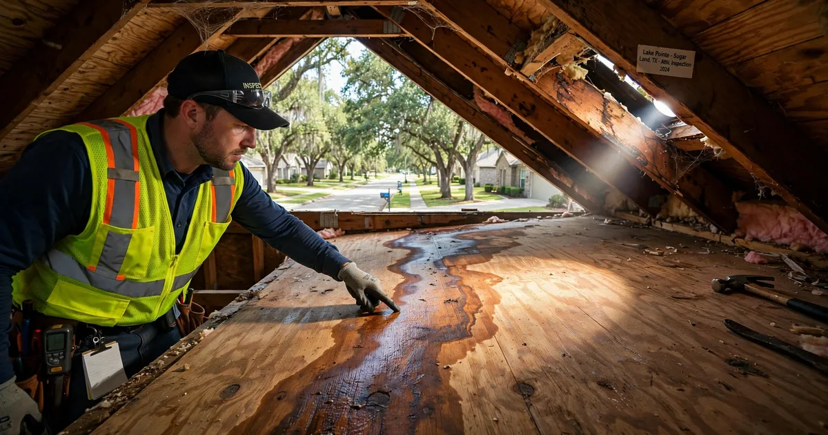 Roof leak repair in Lake Pointe, Sugar Land: water-stained attic roof decking lit by a flashlight beam, inspector tracing the leak path