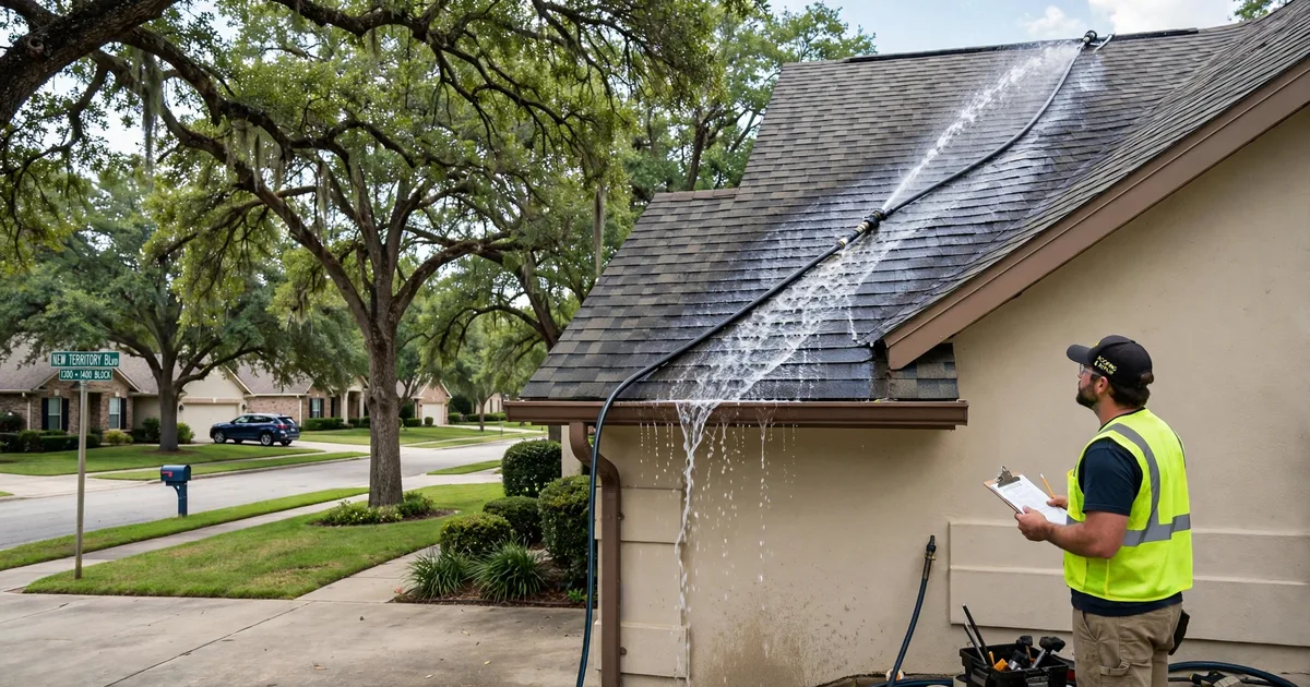 Roof leak repair in New Territory, Sugar Land: controlled hose test on a roof slope, water stream on shingles with a technician watching