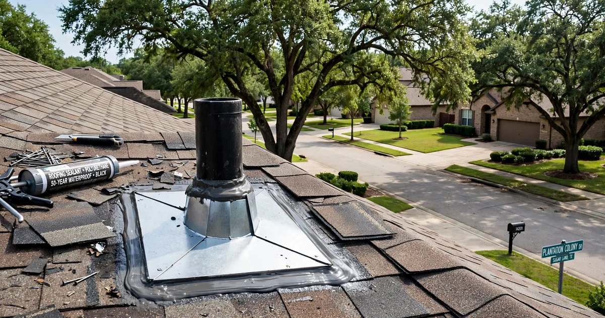 Roof leak repair in Plantation Colony, Sugar Land: new metal flashing installed around a roof vent, fresh sealant, shingles woven around it