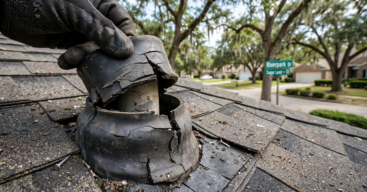 Roof leak repair in Riverpark, Sugar Land: close-up of a cracked rubber pipe boot on asphalt shingles, roofer's gloved hand lifting the collar