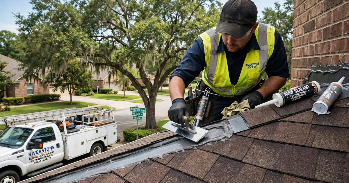 Roof leak repair in Riverstone, Sugar Land: roofer resealing step flashing where the roof meets a brick wall, trowel and sealant