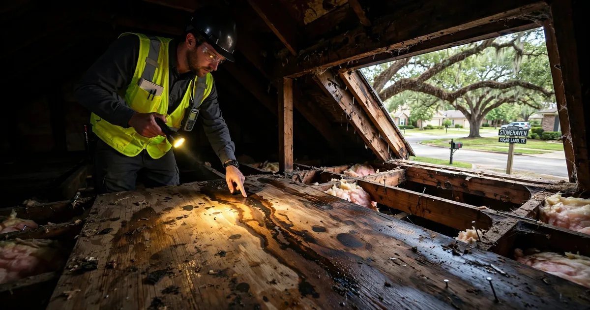 Roof leak repair in Stonehaven, Sugar Land: water-stained attic roof decking lit by a flashlight beam, inspector tracing the leak path