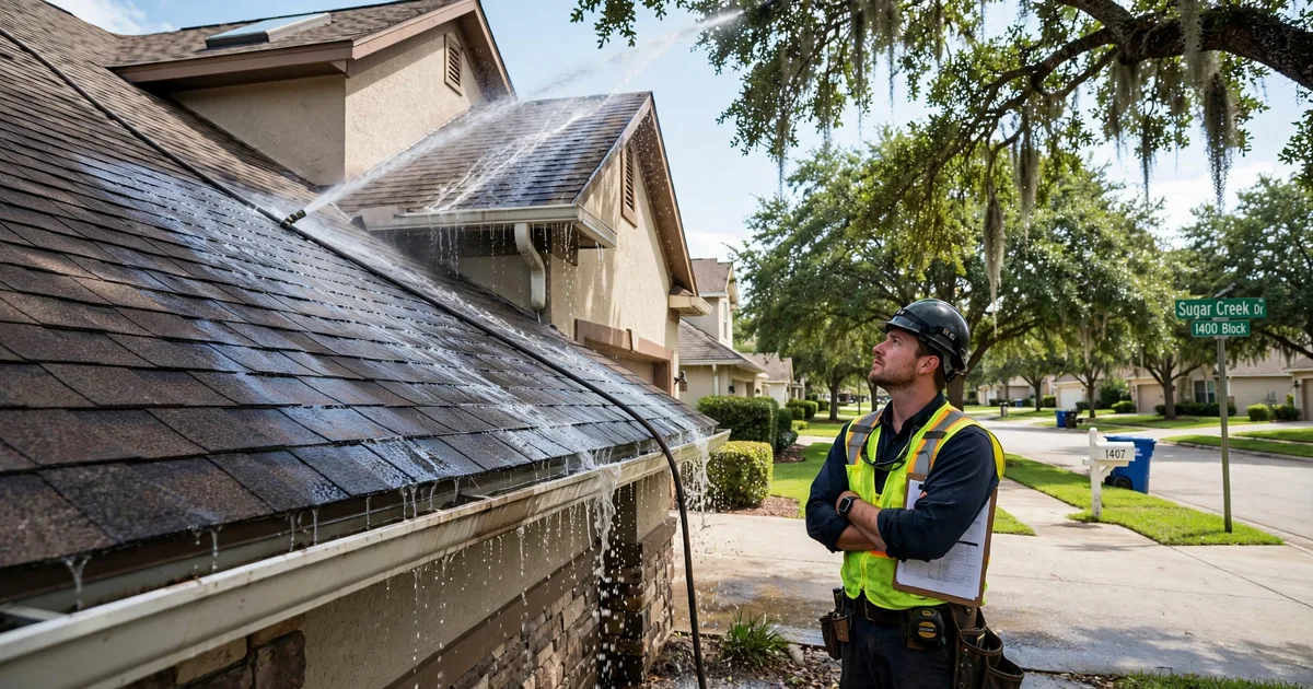 Roof leak repair in Sugar Creek, Sugar Land: controlled hose test on a roof slope, water stream on shingles with a technician watching