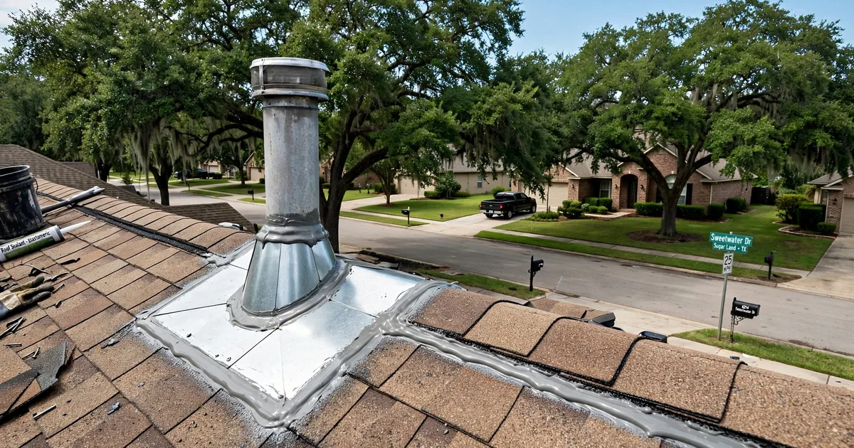 Roof leak repair in Sweetwater, Sugar Land: new metal flashing installed around a roof vent, fresh sealant, shingles woven around it