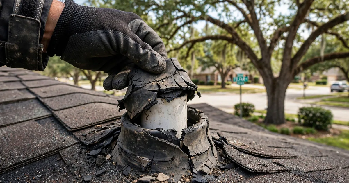 Roof leak repair in Telfair, Sugar Land: close-up of a cracked rubber pipe boot on asphalt shingles, roofer's gloved hand lifting the collar