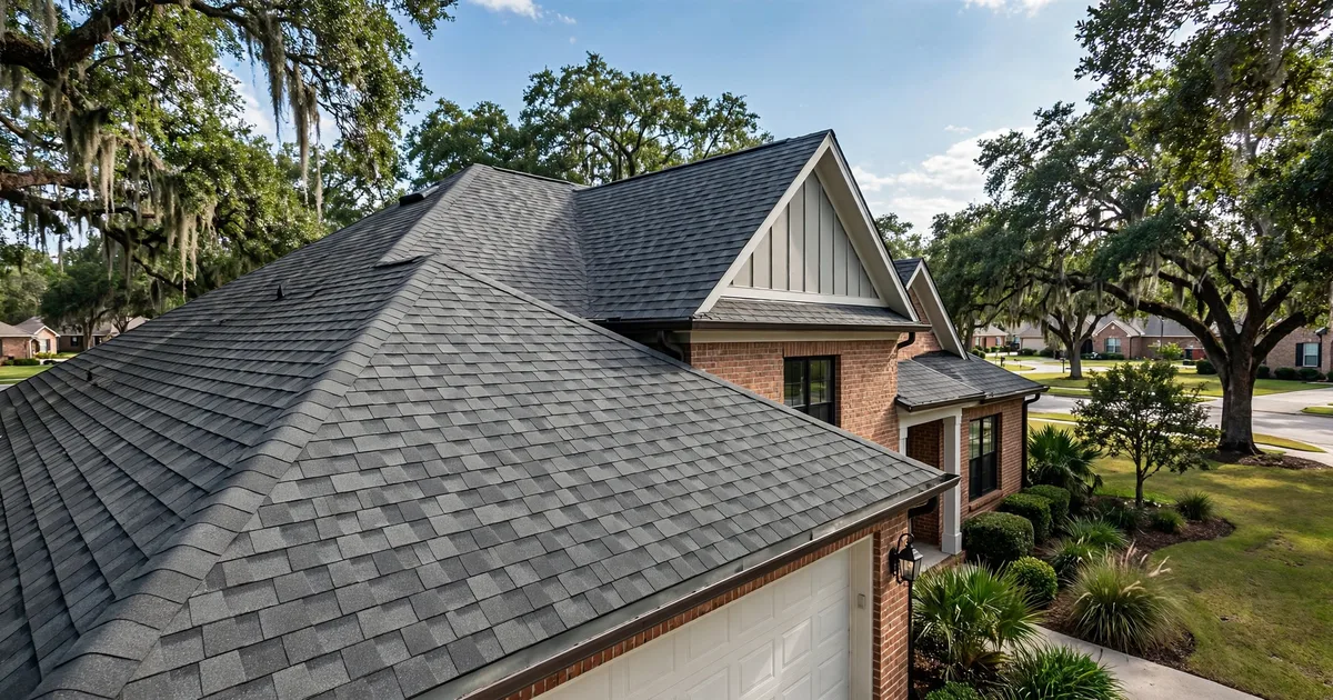 Roof repair in Memorial: flashing work on a large home under oaks