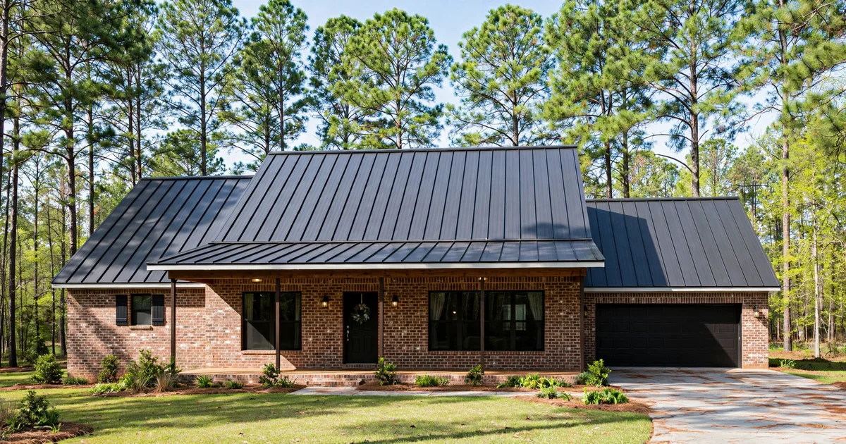 Metal roofing in April Sound, Conroe: charcoal standing-seam roof on a brick home under bright daylight