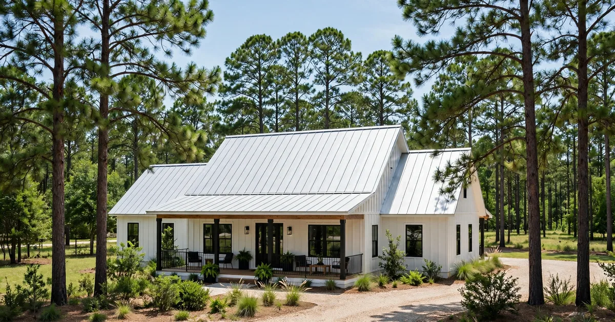 Metal roofing in Artavia, Conroe: standing-seam metal roof glowing at golden hour over a suburban home