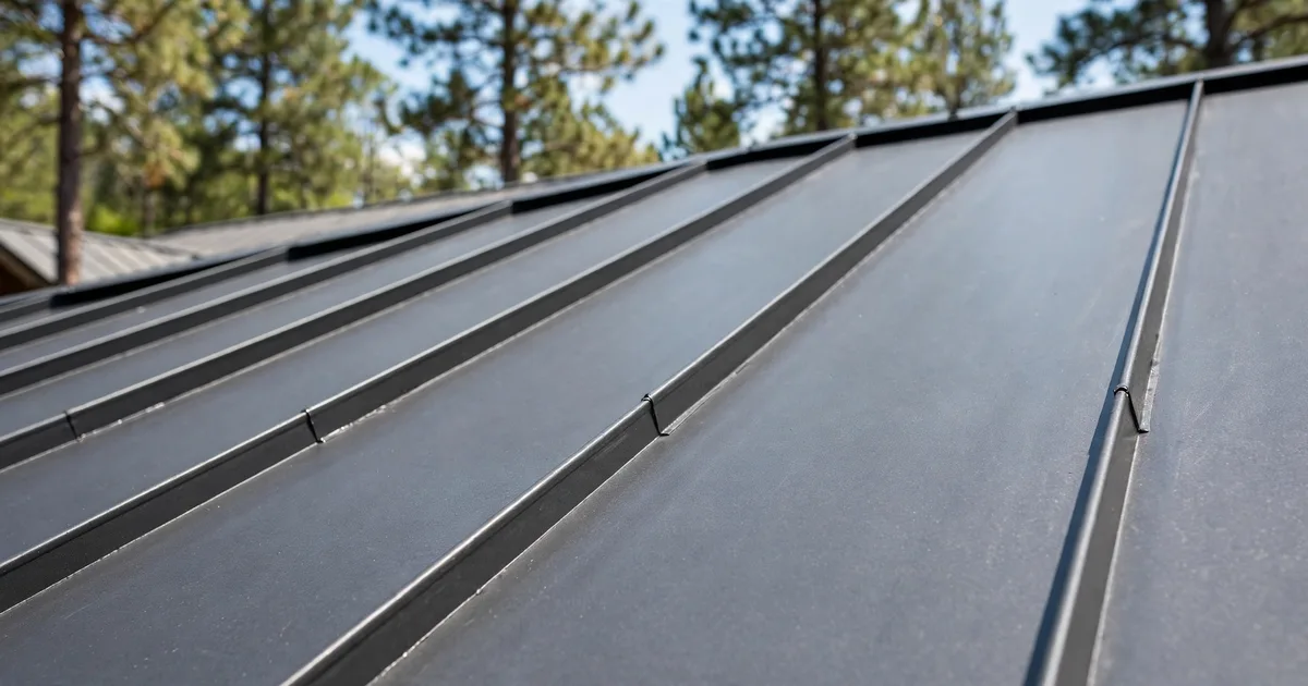 Metal roofing in Crighton Ridge, Conroe: charcoal standing-seam roof on a brick home under bright daylight