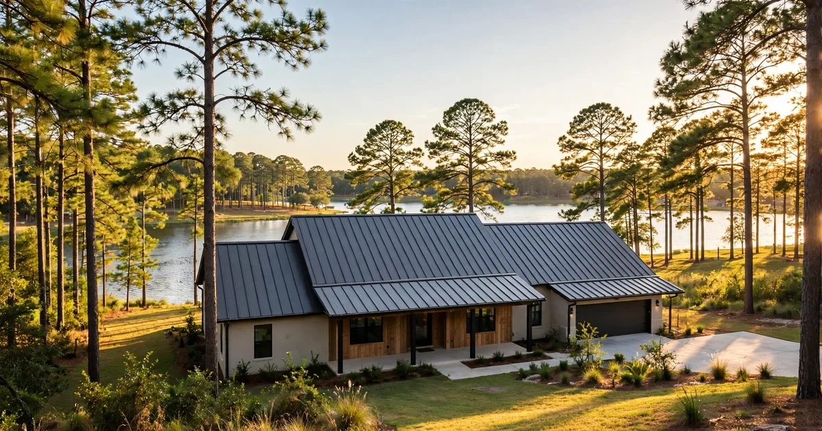 Metal roofing in Del Lago, Conroe: charcoal standing-seam roof on a brick home under bright daylight
