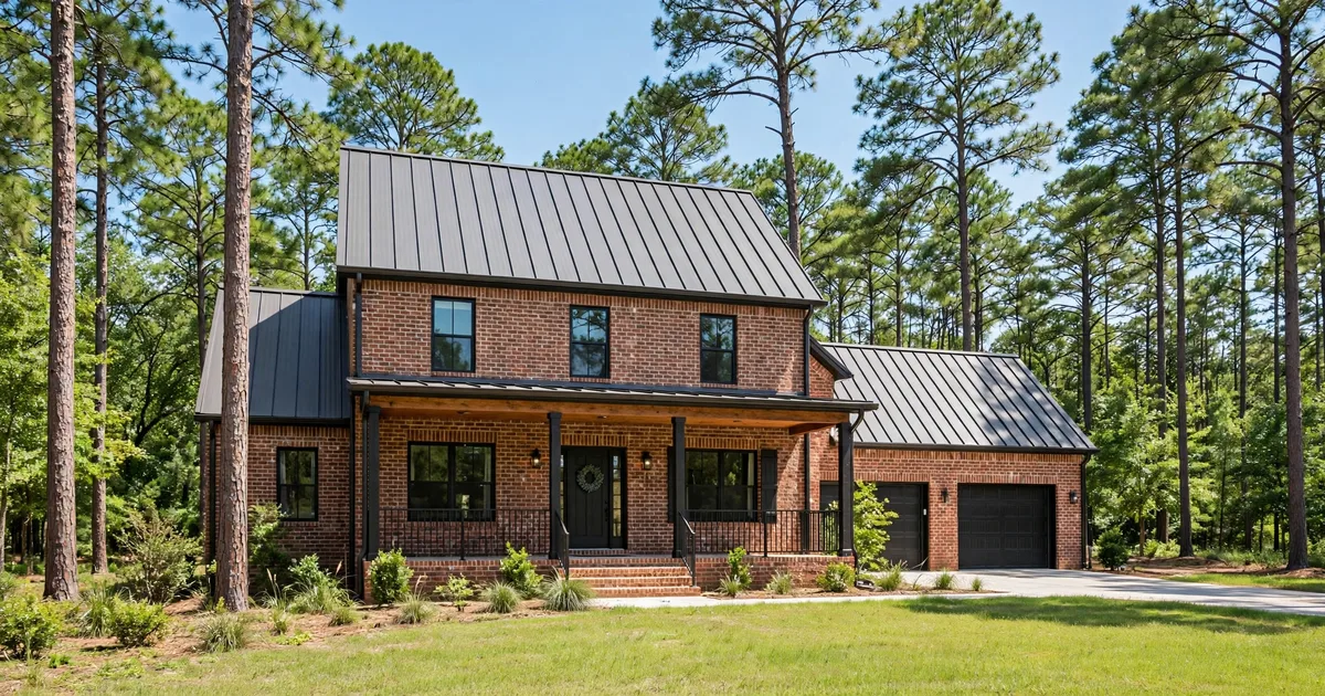 Metal roofing in Grand Central Park, Conroe: silver standing-seam metal roof on a modern farmhouse, clear sky