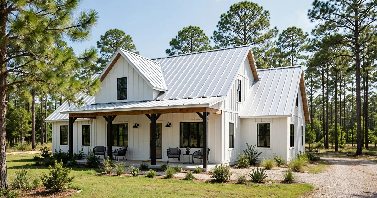 Metal roofing in Harpers Preserve, Conroe: standing-seam metal roof glowing at golden hour over a suburban home