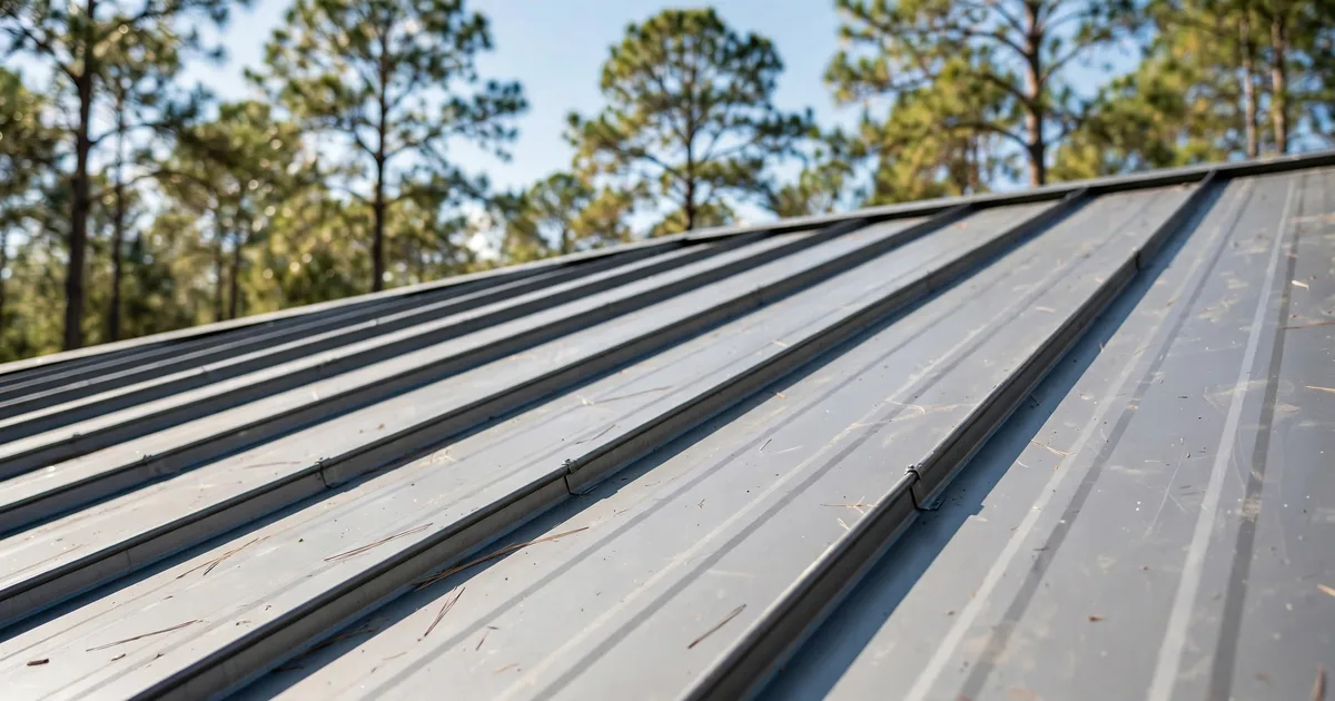 Metal roofing in Imperial Oaks, Conroe: silver standing-seam metal roof on a modern farmhouse, clear sky