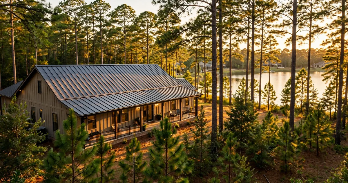 Metal roofing in Lake Conroe Forest, Conroe: standing-seam metal roof glowing at golden hour over a suburban home