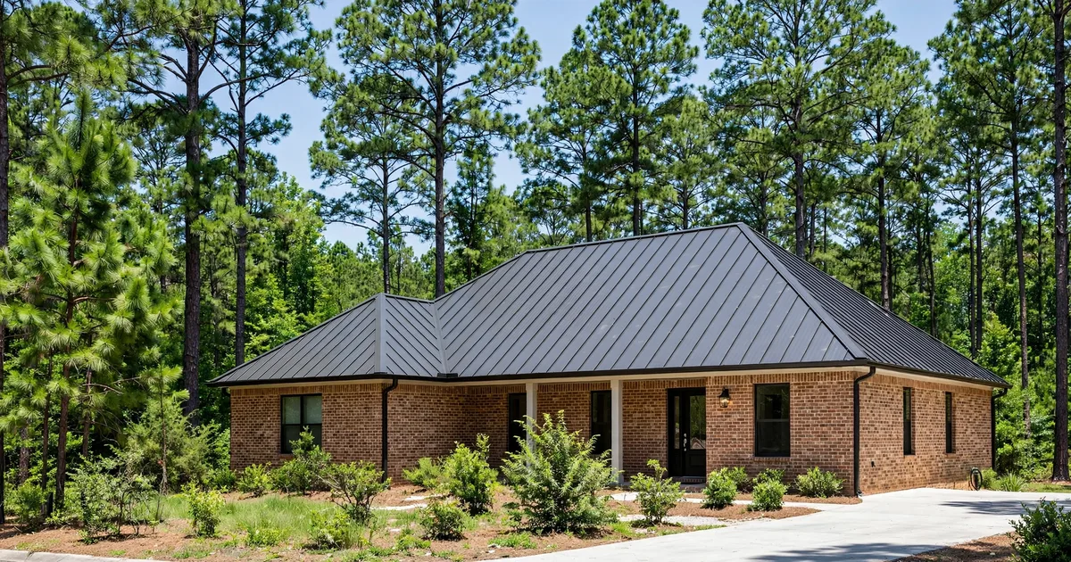 Metal roofing in Riverbrook, Conroe: charcoal standing-seam roof on a brick home under bright daylight