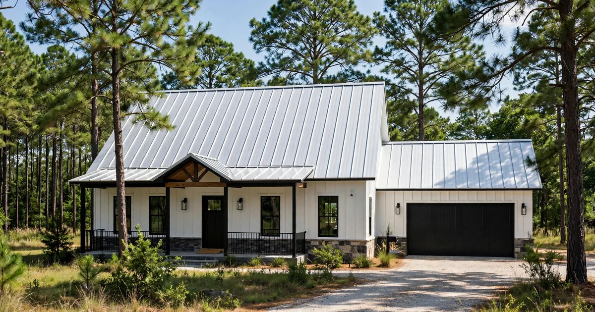 Metal roofing in Teaswood, Conroe: aerial view of a subdivision with new standing-seam metal roofs