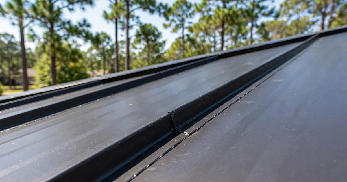 Metal roofing in The Woodlands Hills, Conroe: silver standing-seam metal roof on a modern farmhouse, clear sky