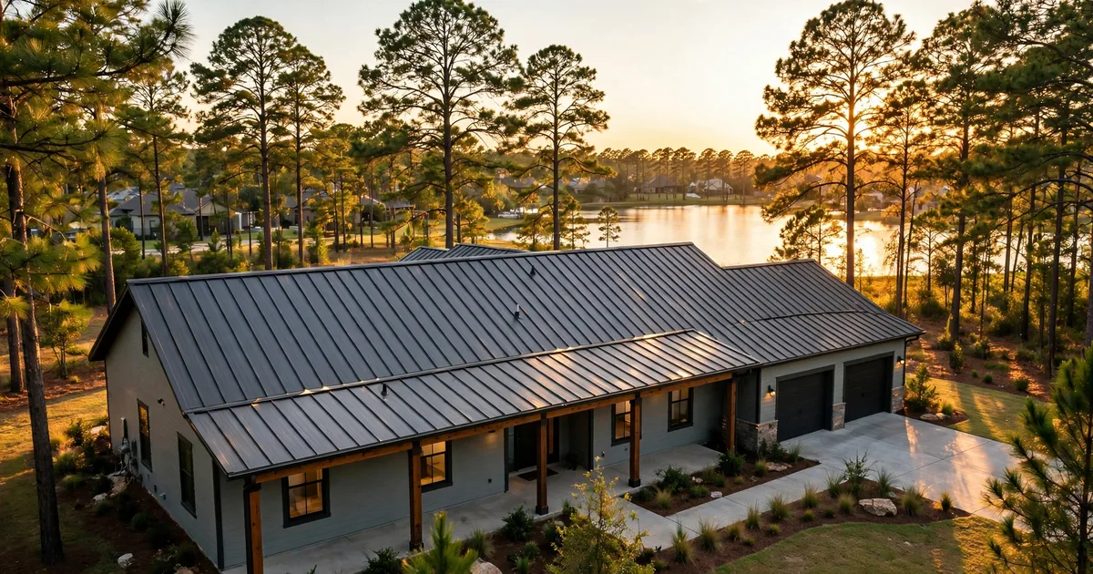 Metal roofing in Walden, Conroe: standing-seam metal roof glowing at golden hour over a suburban home