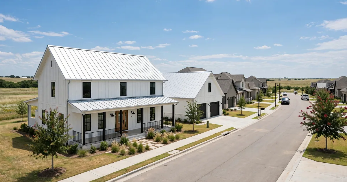 Metal roofing in Avalon At Seven Meadows, Katy: aerial view of a subdivision with new standing-seam metal roofs