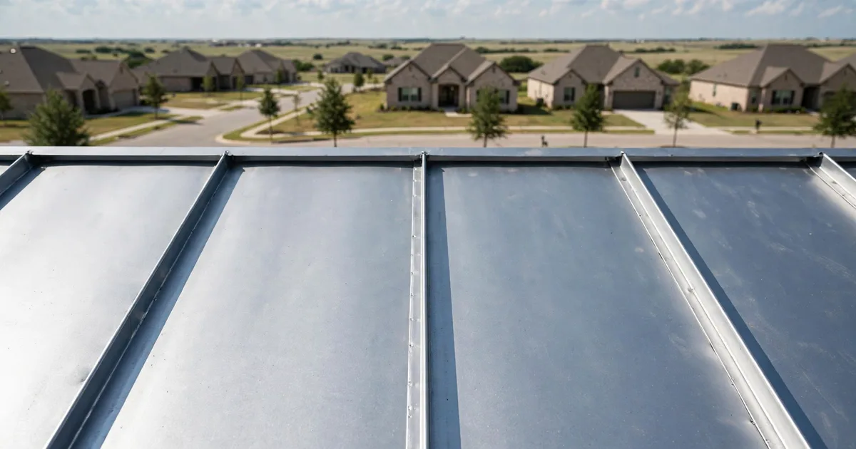 Metal roofing in Cane Island, Katy: charcoal standing-seam roof on a brick home under bright daylight