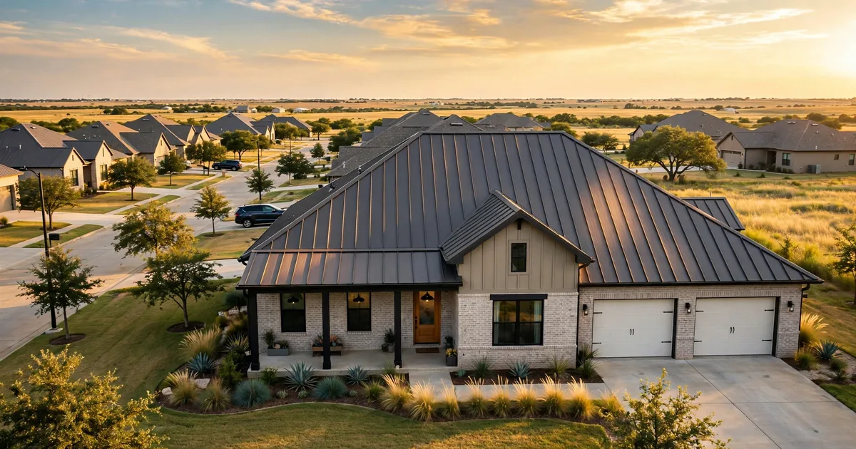 Metal roofing in Cinco Ranch, Katy: silver standing-seam metal roof on a modern farmhouse, clear sky