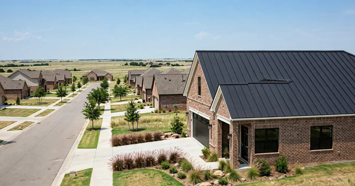 Metal roofing in Elyson, Katy: charcoal standing-seam roof on a brick home under bright daylight