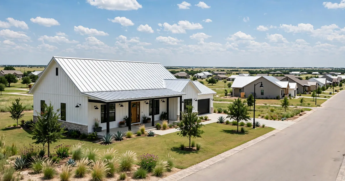 Metal roofing in Firethorne, Katy: standing-seam metal roof glowing at golden hour over a suburban home