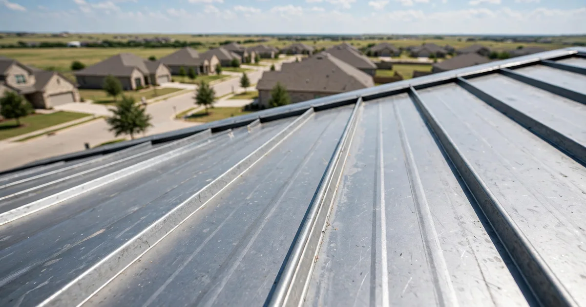 Metal roofing in Grand Lakes, Katy: close-up of raised seams on a new standing-seam metal roof
