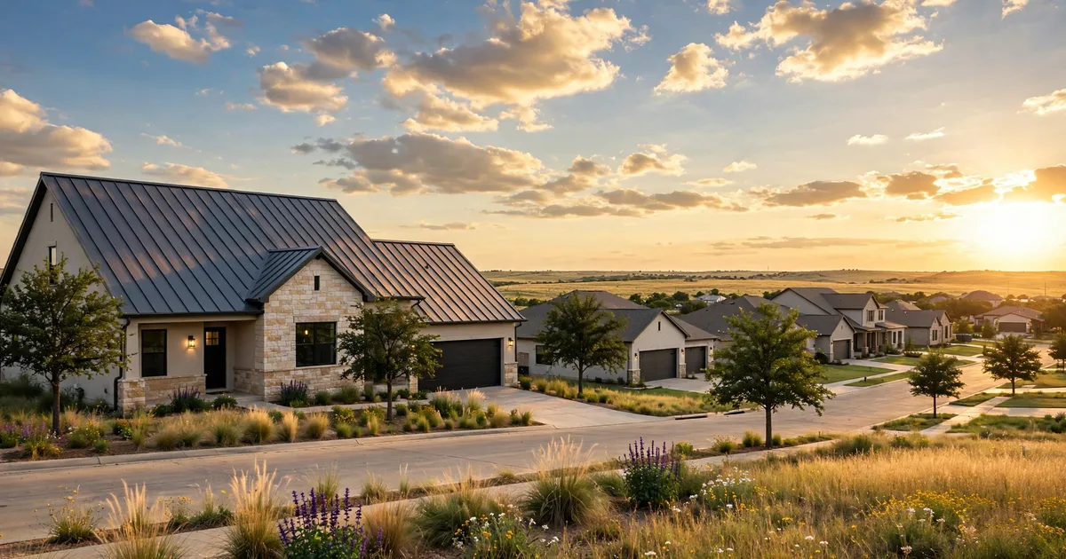 Metal roofing in Jordan Ranch, Katy: silver standing-seam metal roof on a modern farmhouse, clear sky