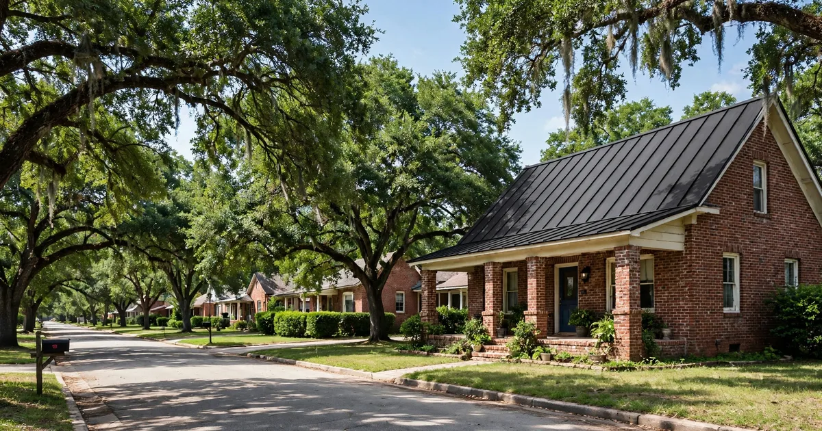 Metal roofing in Old Katy, Katy: standing-seam metal roof glowing at golden hour over a suburban home